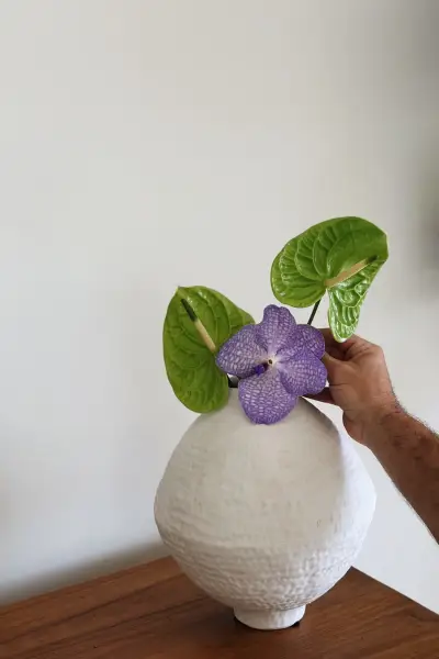 ואזה טארה לבנה עם סחלב סגול על שידה